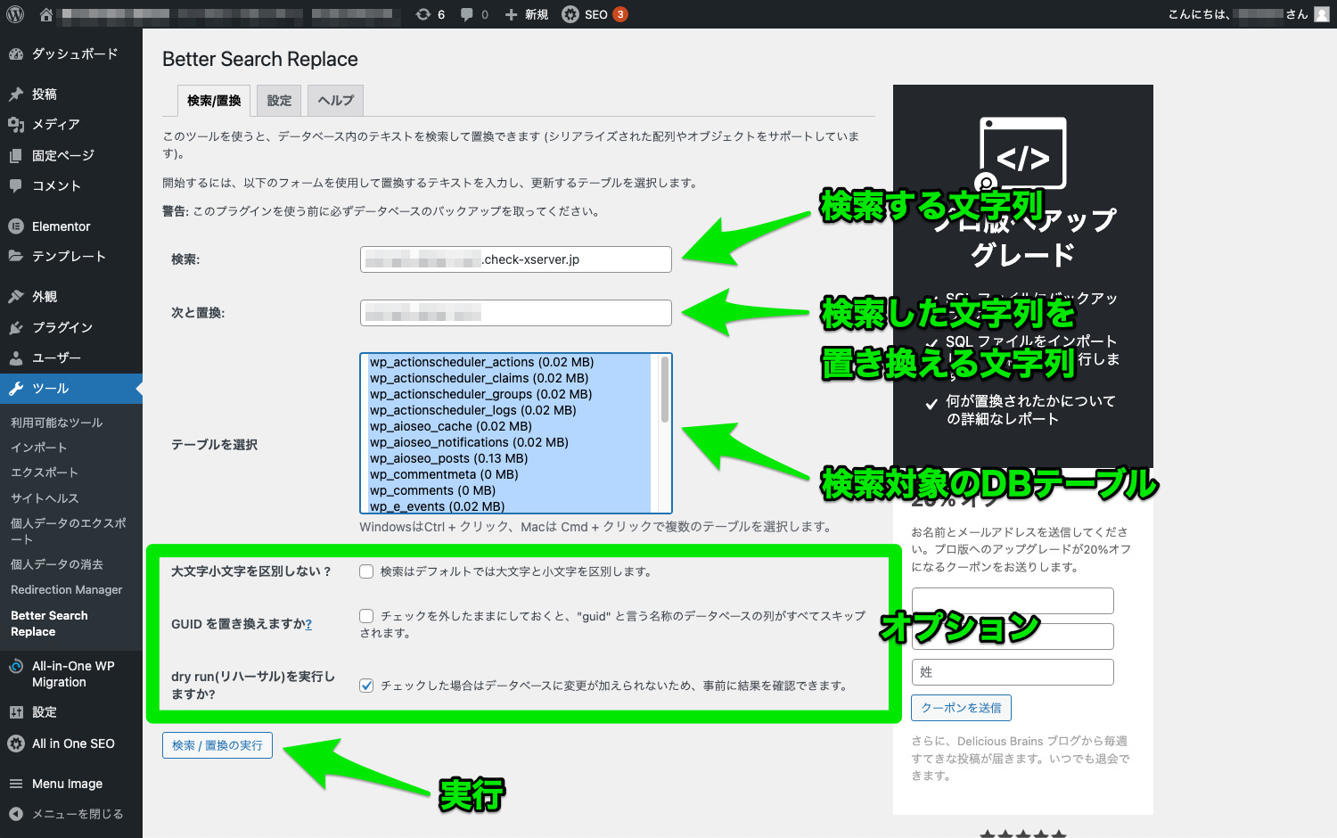「Better Search Replace」の実行